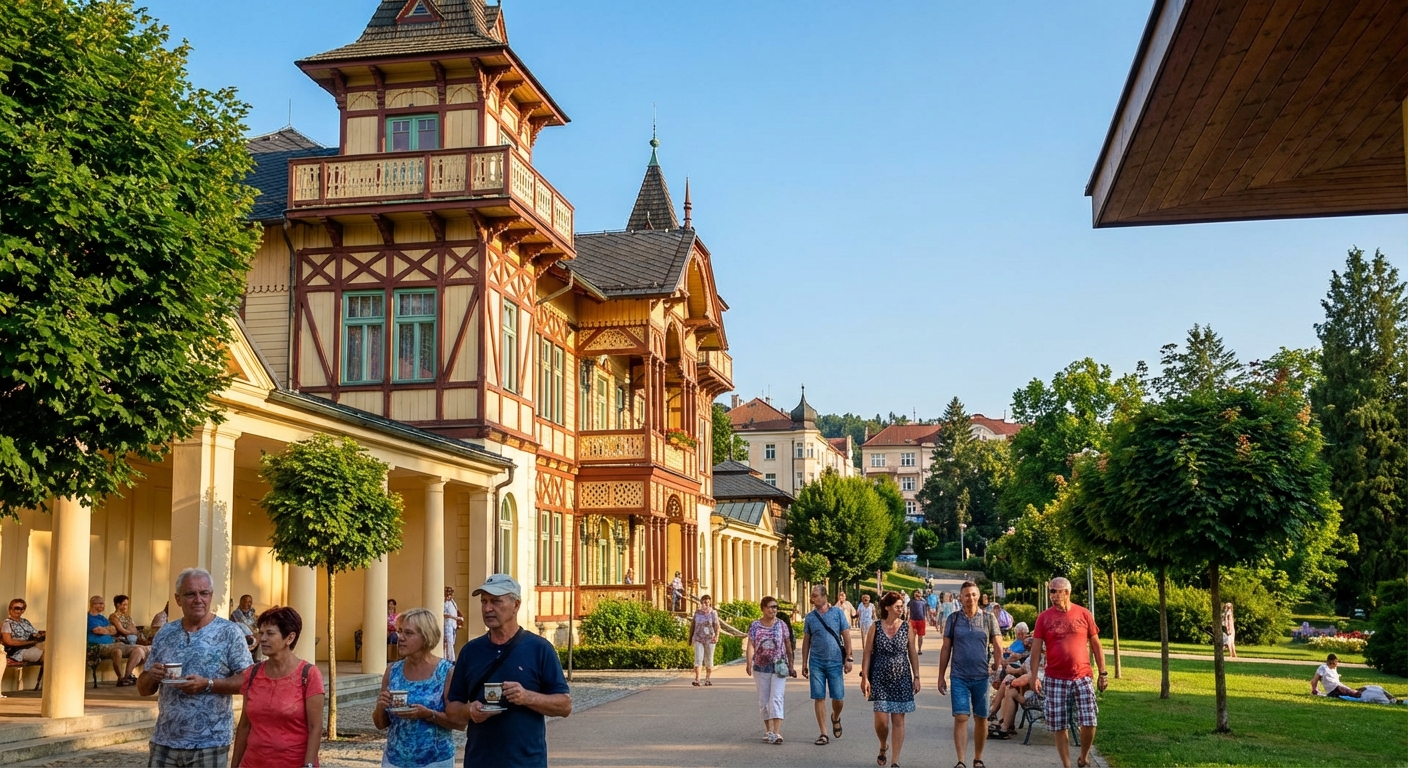 Beautiful view of a colonnade and church in Mariánské Lázně, a famous spa town in Czech Republic.