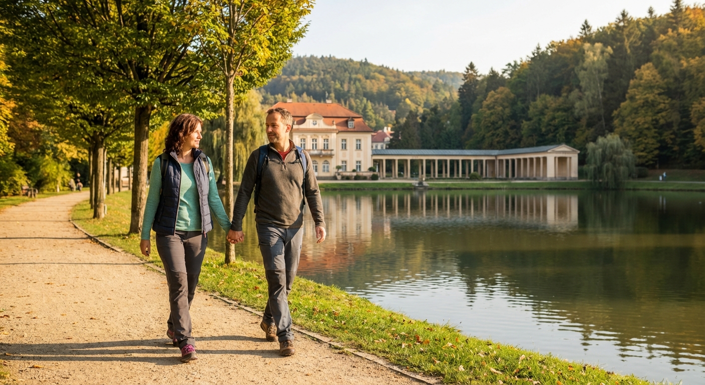 Beautiful historic colonnade in Marianske Lazne, Czech Republic, under a bright sky.