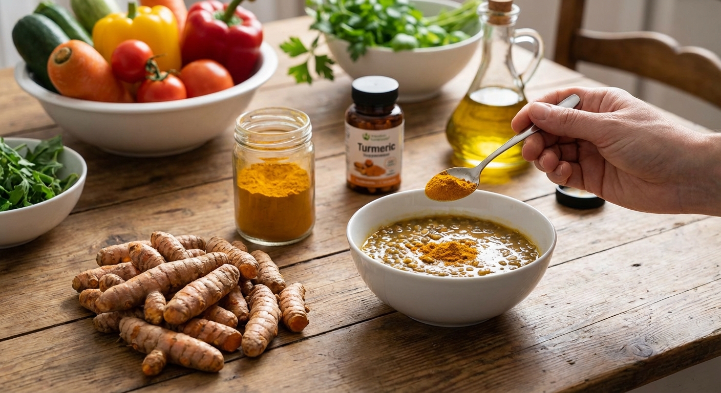 Vibrant turmeric powder and root on a dark wooden surface, emphasizing natural spices.