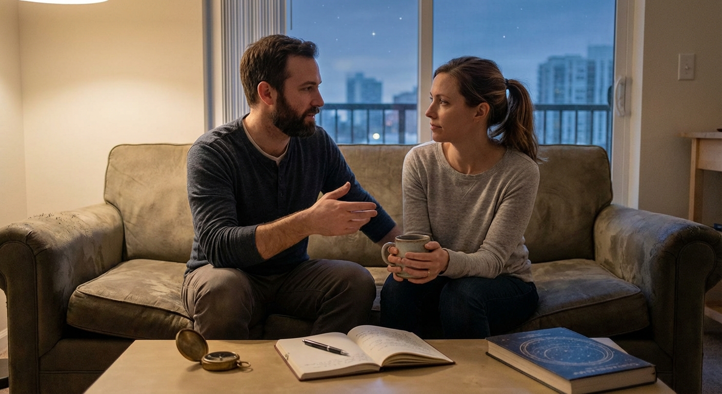 A man and woman having a heated discussion in a minimalistic indoor space.
