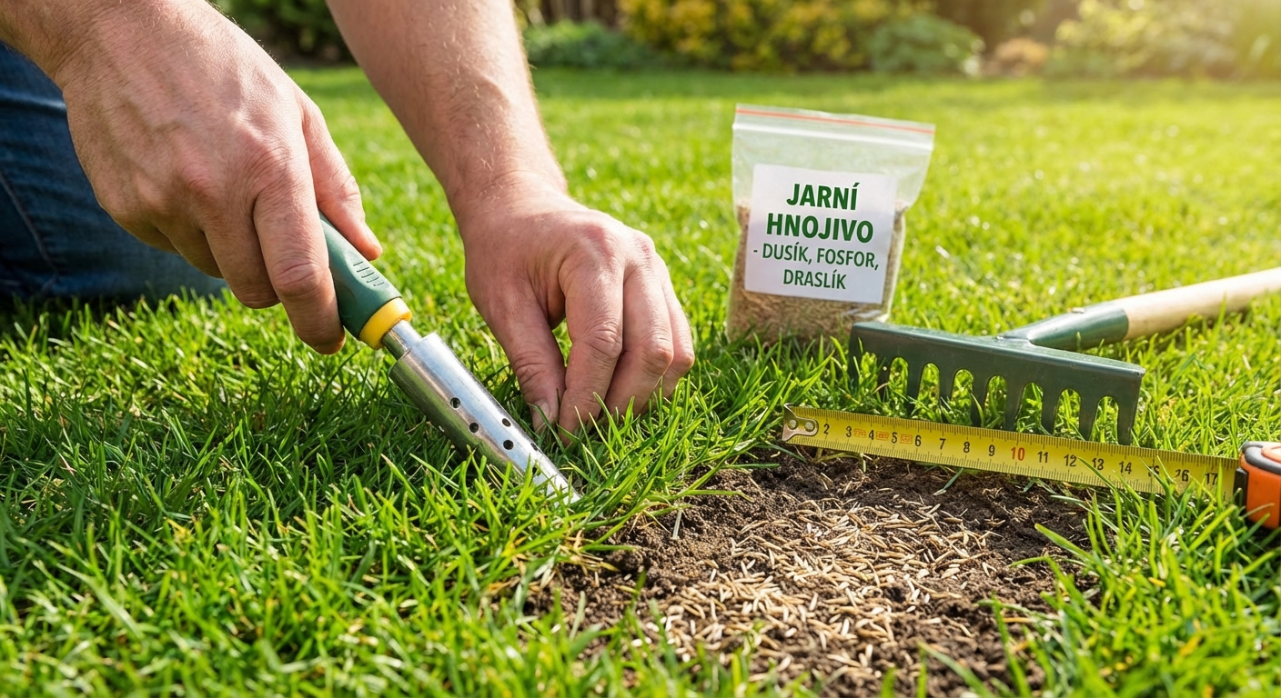 Close-up of a grass trimmer cutting lawn with grass clippings flying.
