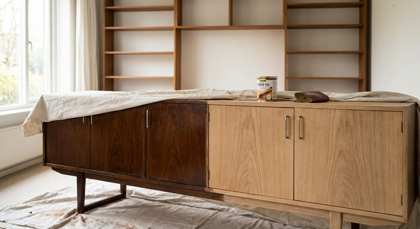 A dimly lit indoor space featuring an array of disorganized furniture and a vintage lamp.