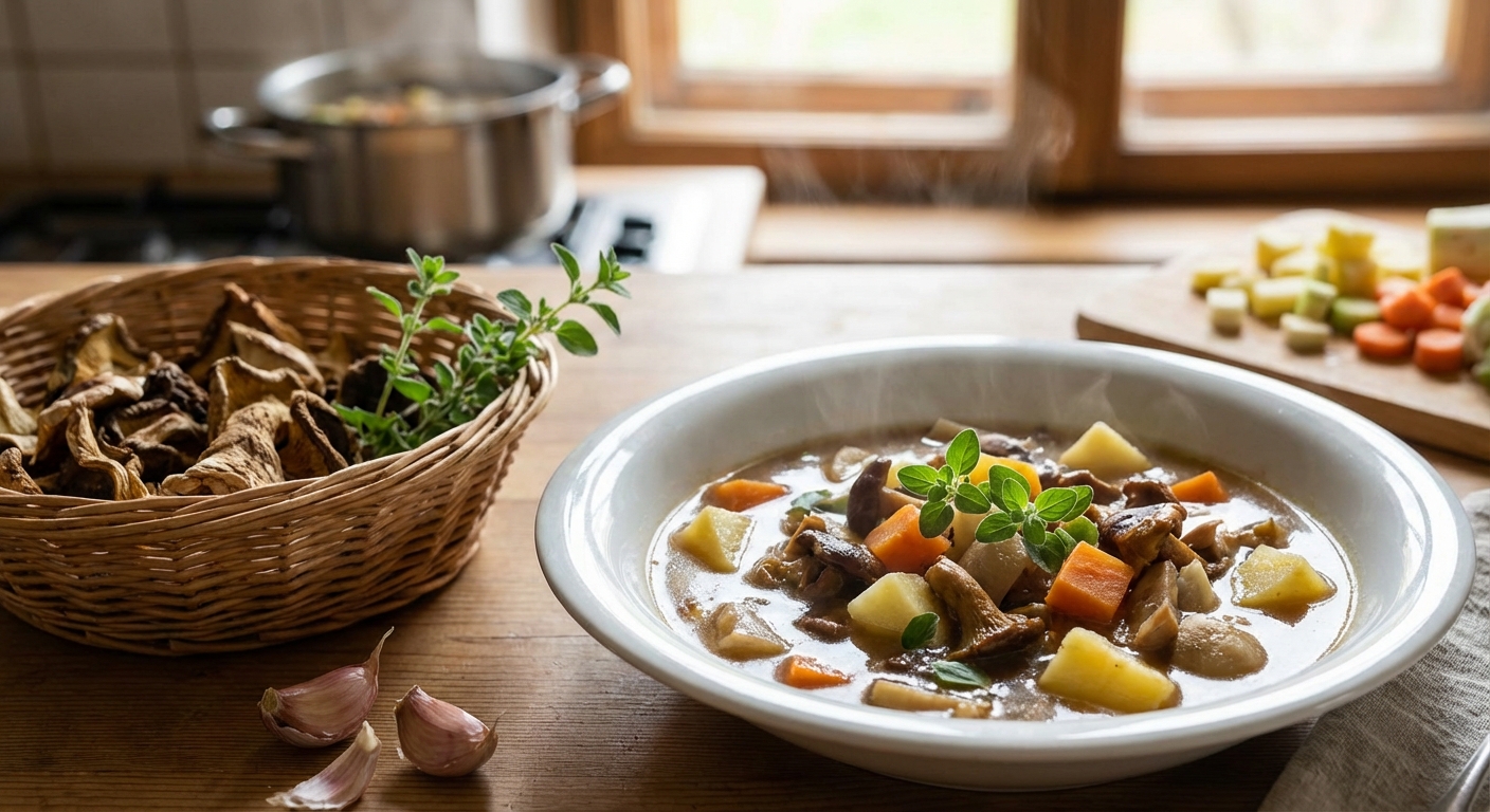 Delicious creamy mushroom soup garnished with spinach leaves and croutons, perfectly styled for food lovers.