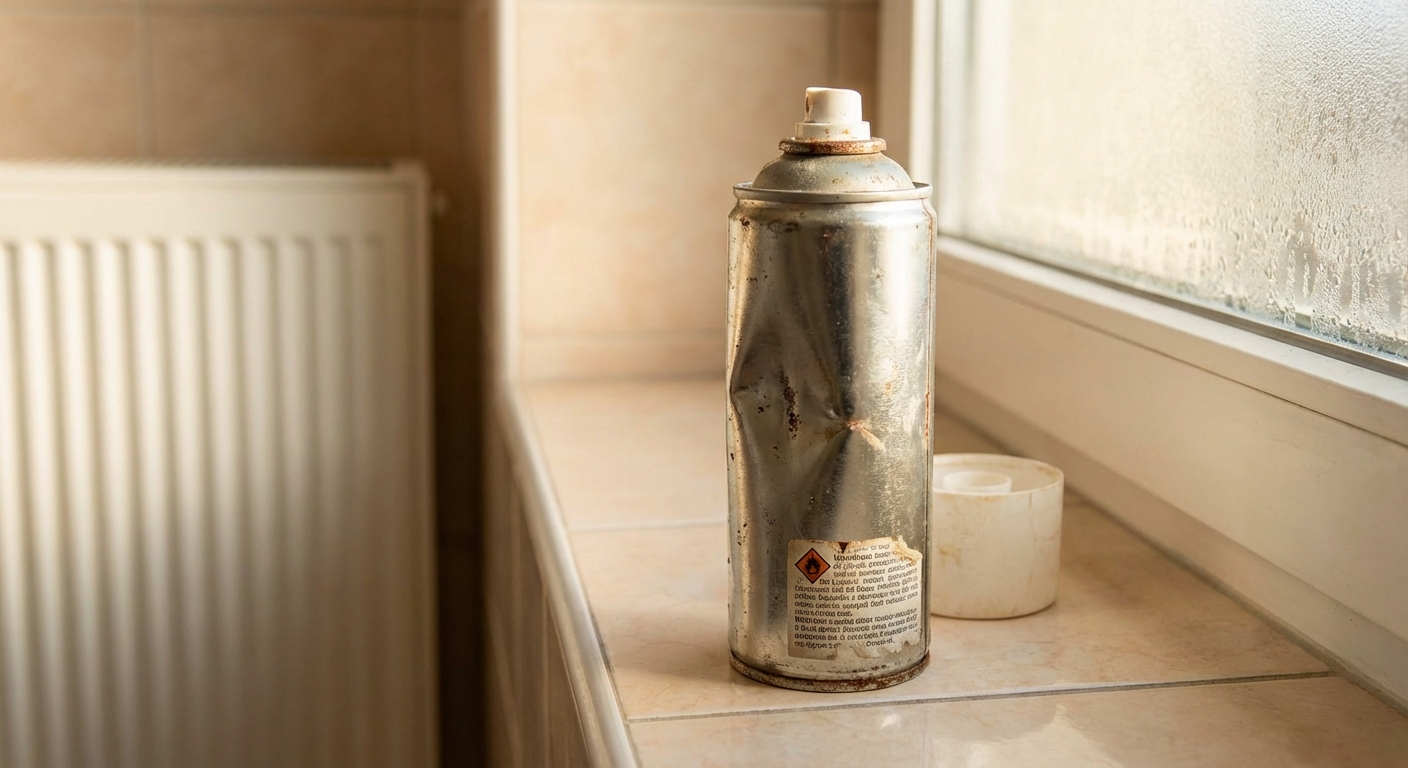 Top view of various colorful and rusty spray paint cans in storage.