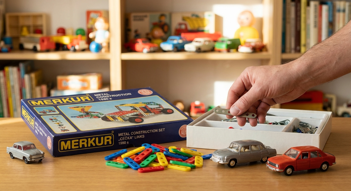 Detailed macro shot of a red classic toy car with chrome and black details.