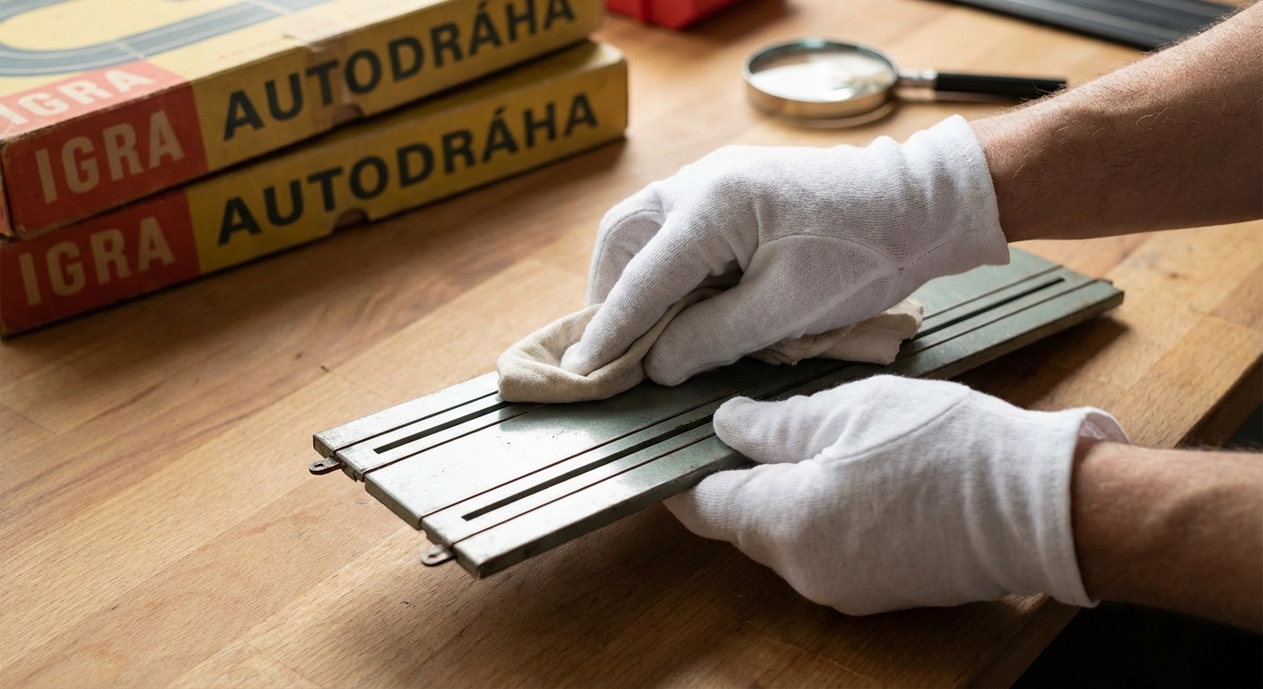 Miniature red vintage car model on a wooden surface with a light blue background.