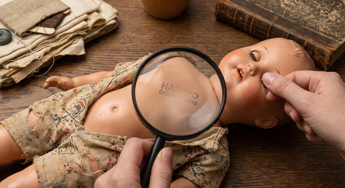 Charming vintage porcelain doll with bright colors against a red backdrop.