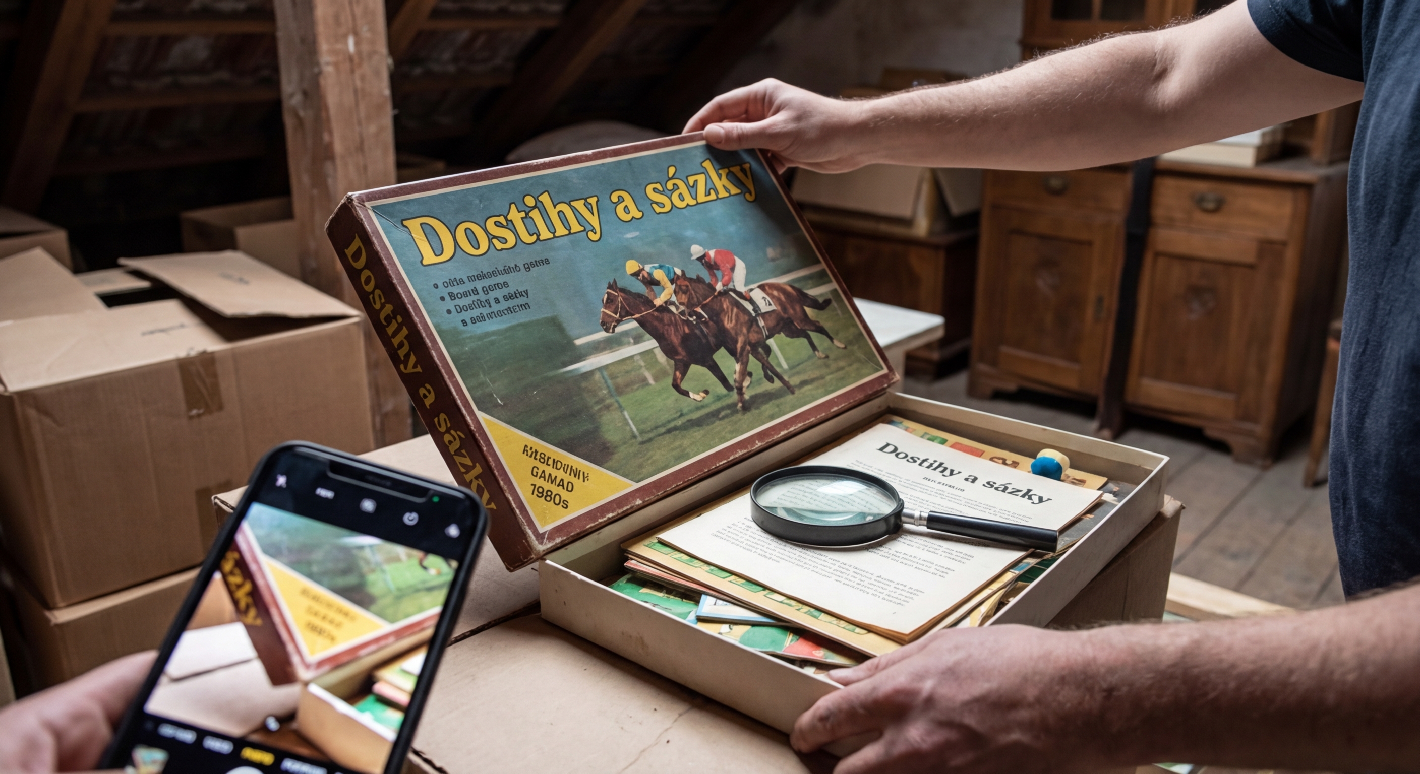 Hand reaching into an open board game box on a wooden floor in a cozy home setting.