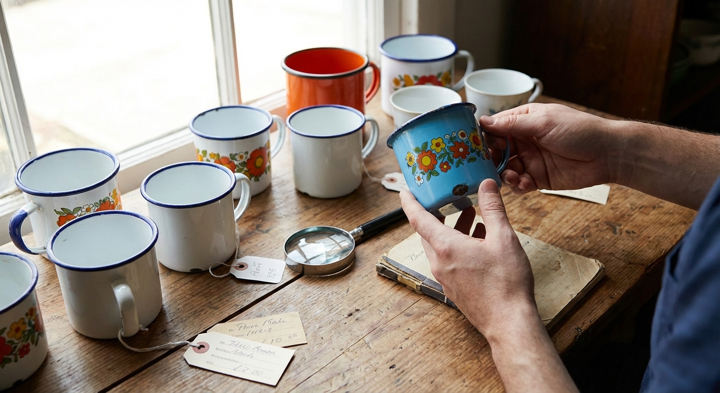 Close-up of a white ceramic cup on a clean, tiled surface with a minimalistic background.