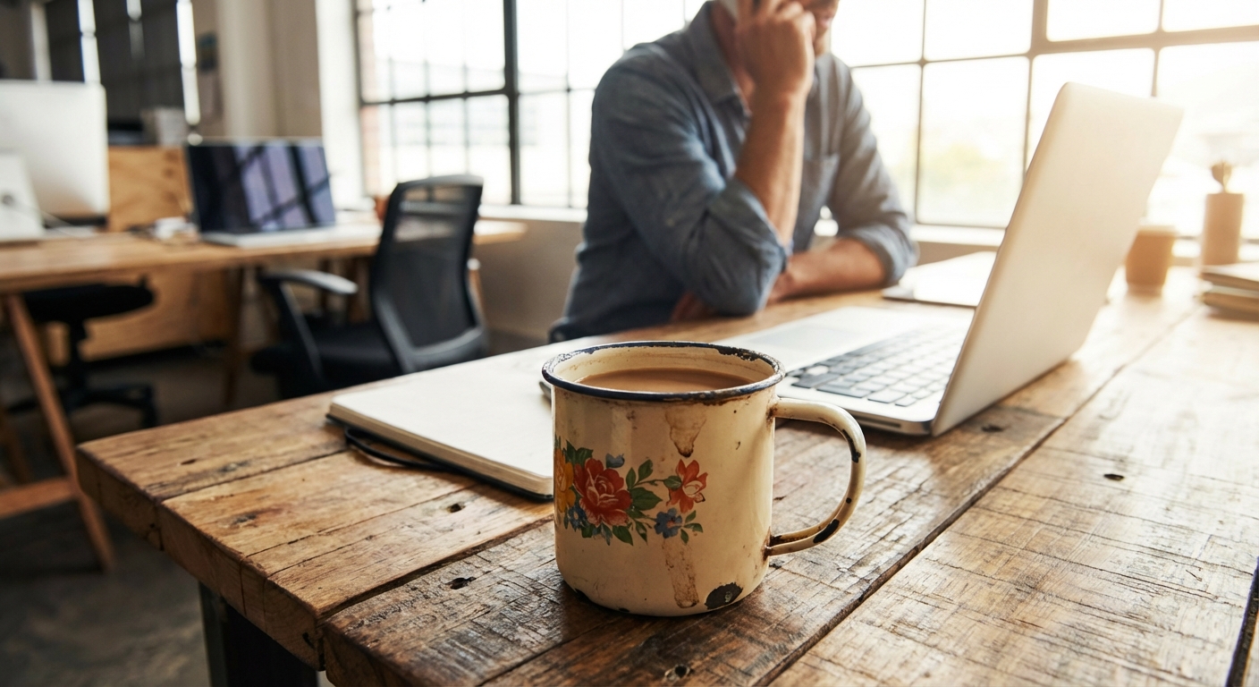 Top view of two white mugs with eucalyptus leaves and cotton on a green background.