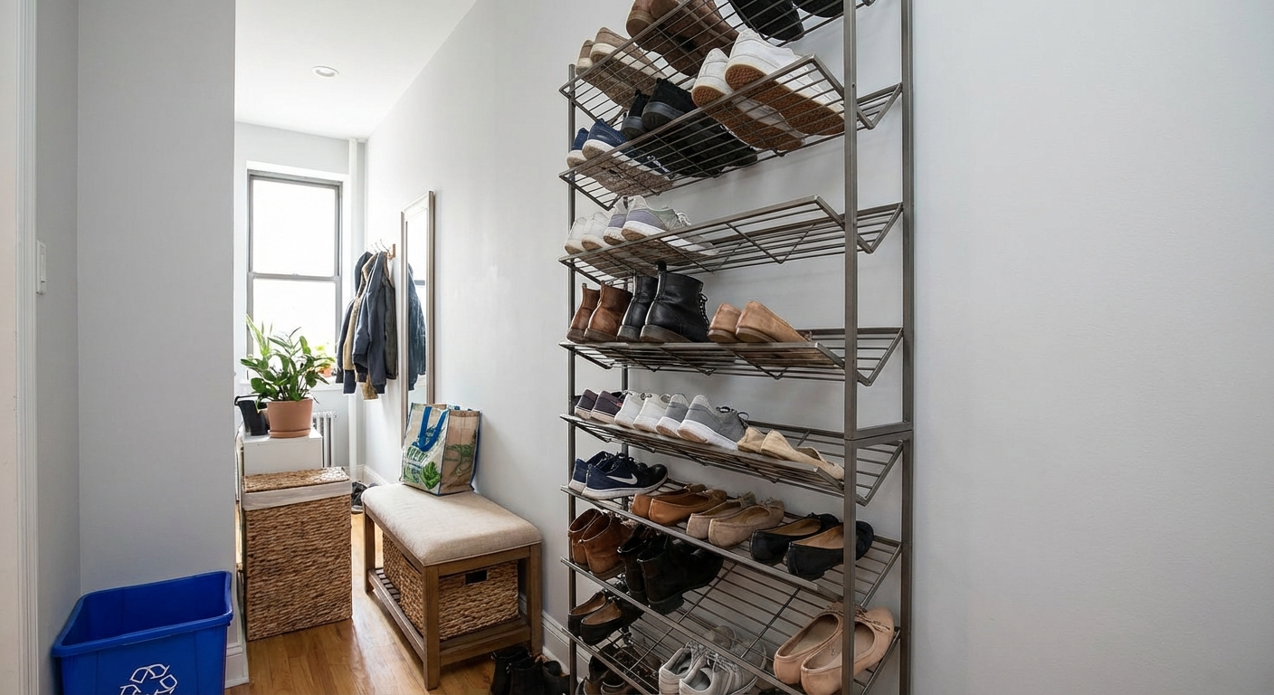 A minimalist hallway with white walls, modern decor, and simple furnishings.