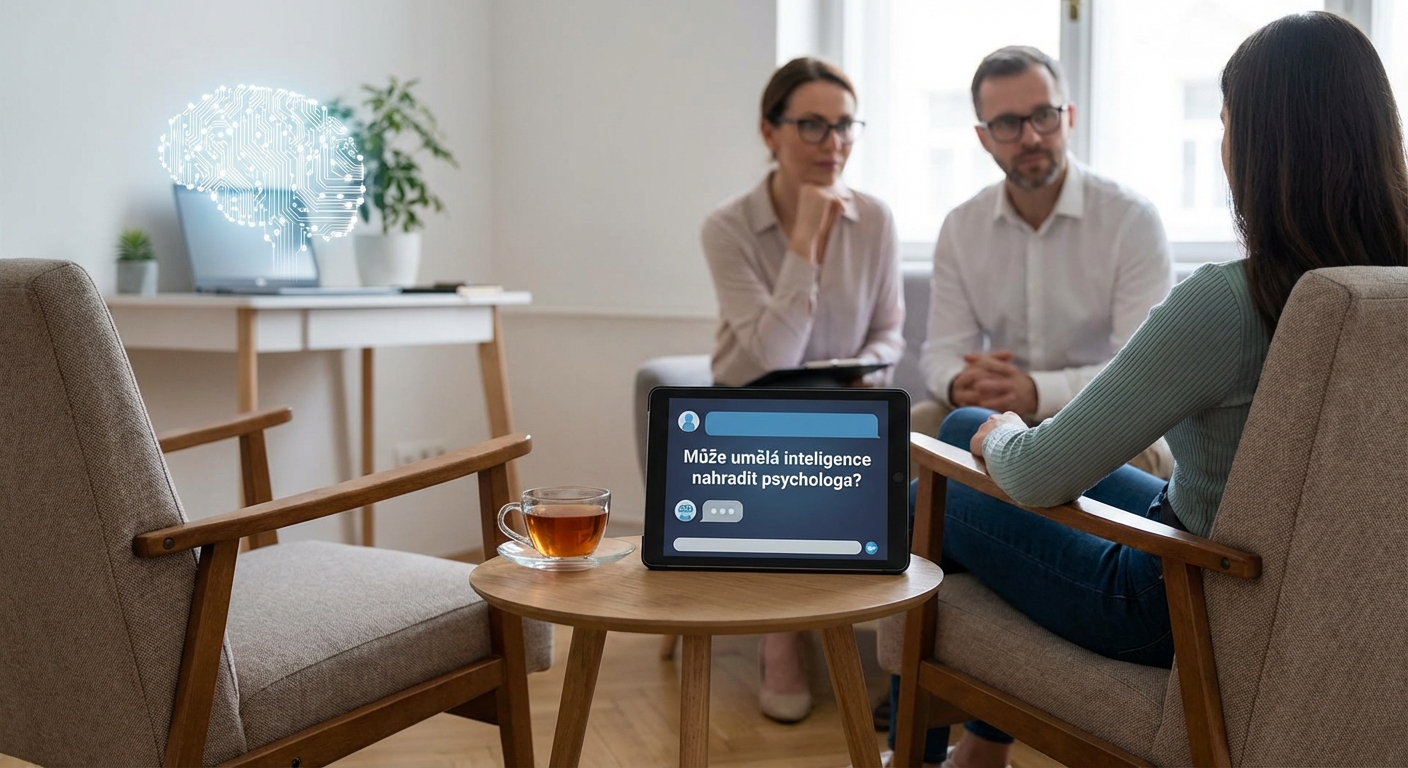A therapist conducts a session with a client discussing mental health in a cozy office setting.