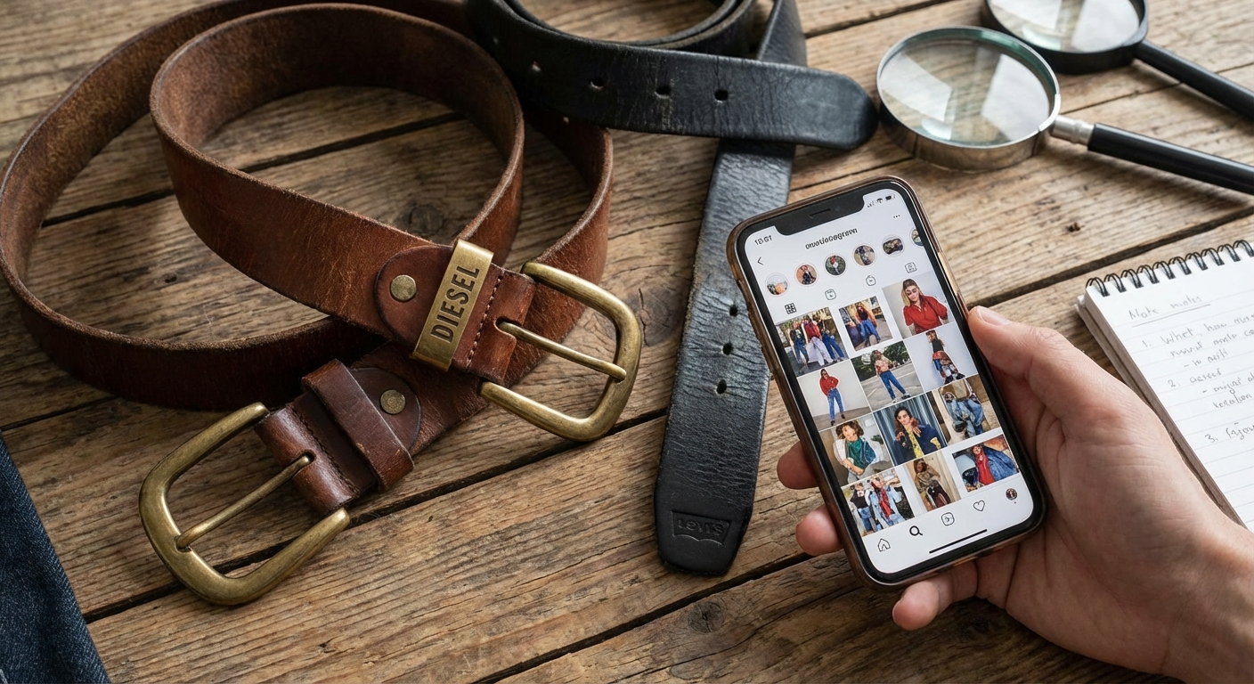 Black leather belt with a gold buckle held by a gloved hand on a dark background.