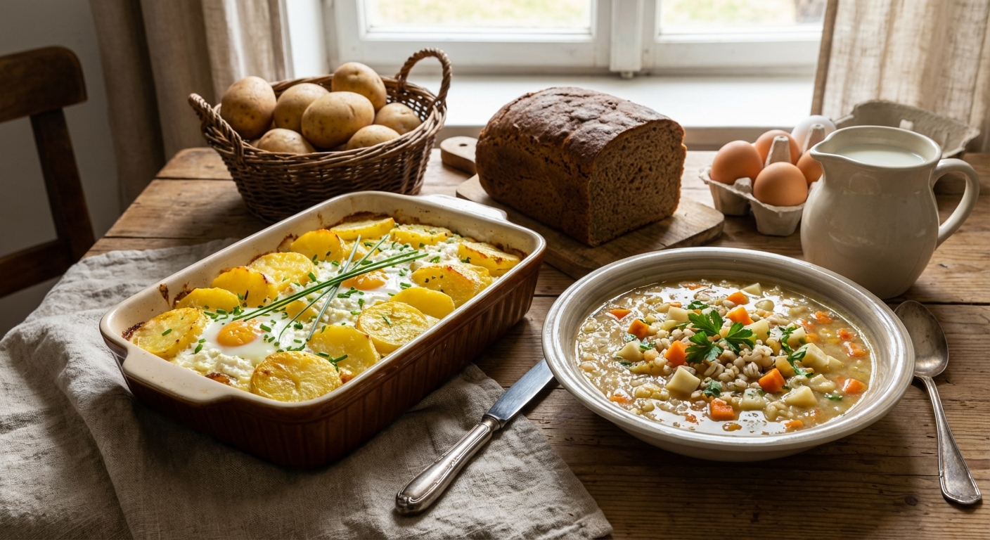 Close-up of a steaming vegetable stew served in a rustic ceramic bowl on a wooden table.