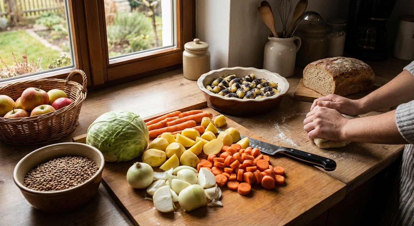 Steaming yellow potatoes being mashed with a metal potato ricer in a professional kitchen setting.