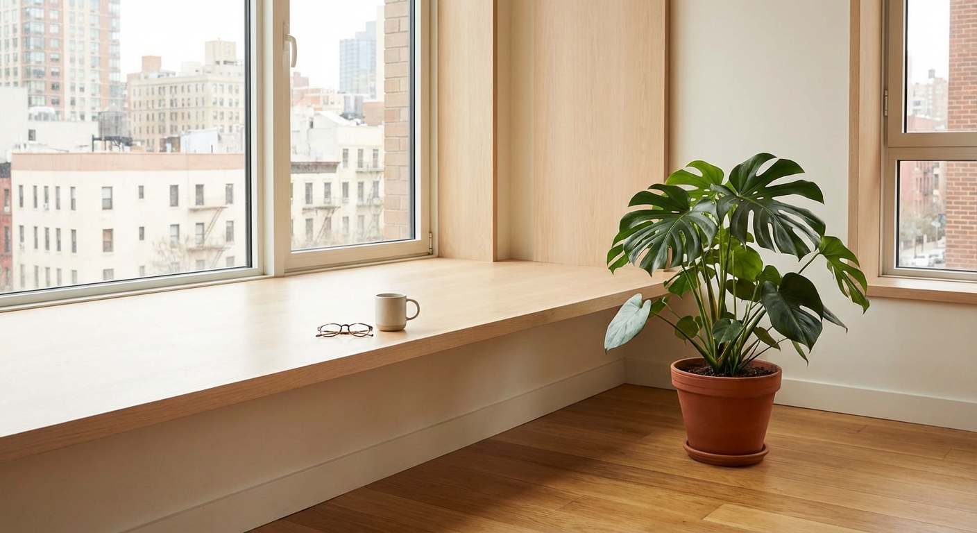 Empty room with tiled floor and potted plant on table near balcony door reflecting on stretch ceiling