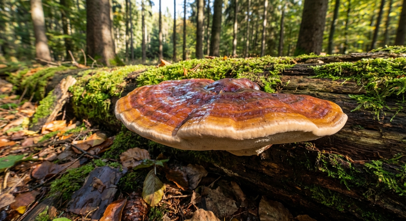 Detailed view of Turkey Tail mushrooms growing on a forest tree trunk.
