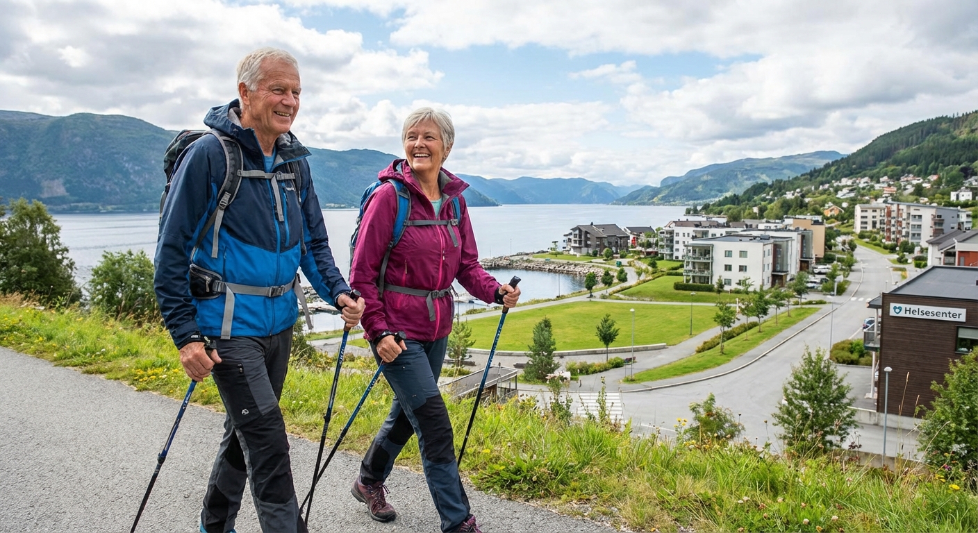 Senior woman enjoying a walk in the countryside, wearing a warm jacket and scarf.