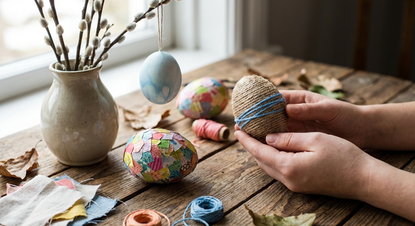 Four children wearing bunny ears enjoy decorating Easter eggs at a table.