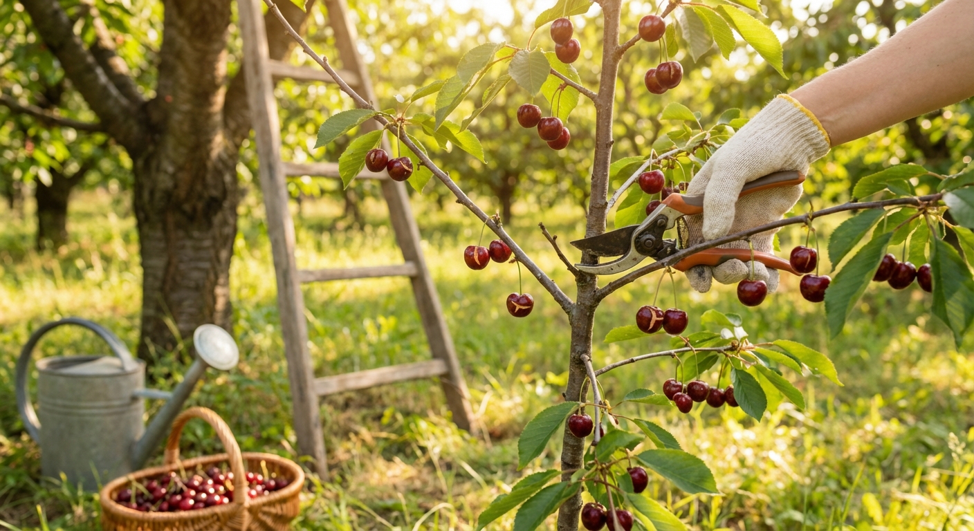 Close-up of ripe red cherries hanging on a tree branch with green leaves.