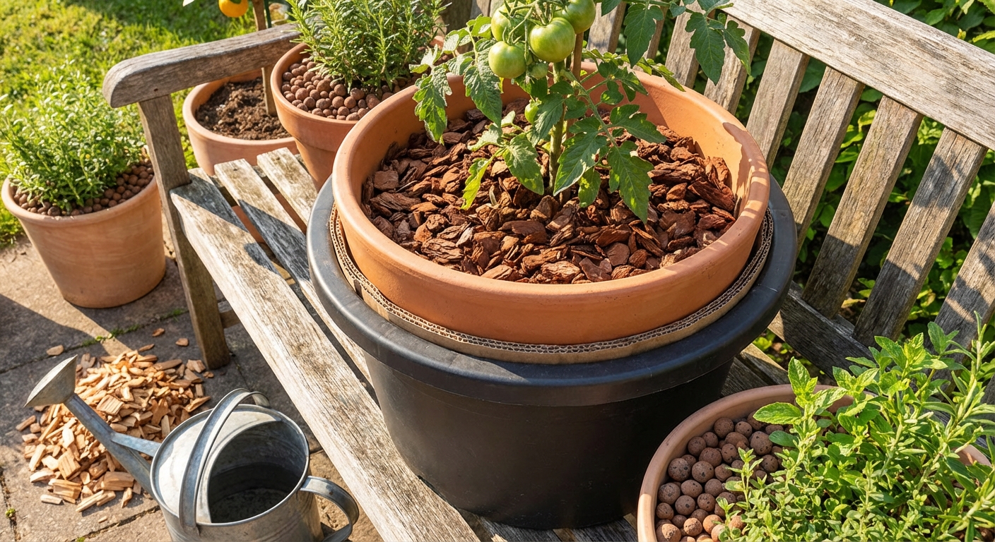 A rustic pot filled with blooming pink impatiens against a wooden backdrop, showcasing vibrant outdoor floral beauty.
