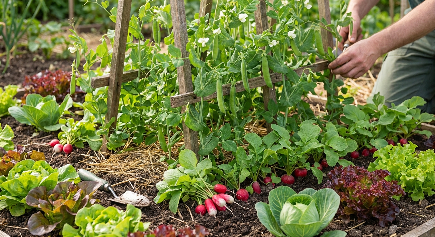 A detailed view of snap peas growing in a garden, showcasing fresh and healthy produce.