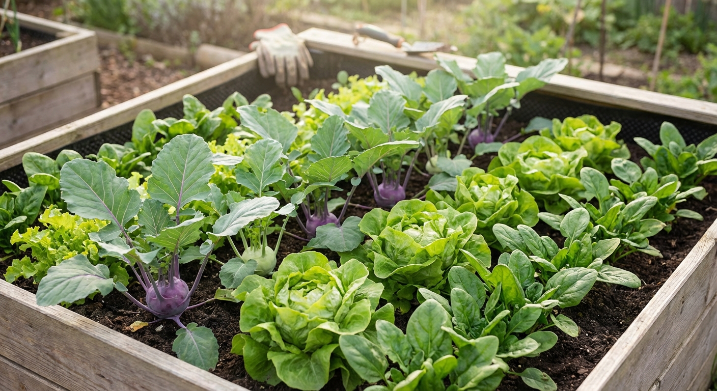 Dynamic top view of fresh green seedlings in a wooden planter box.