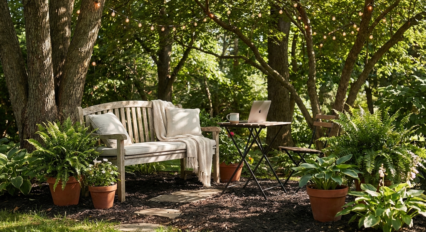 A thriving urban community garden with diverse plant life and wooden pathways under natural light.