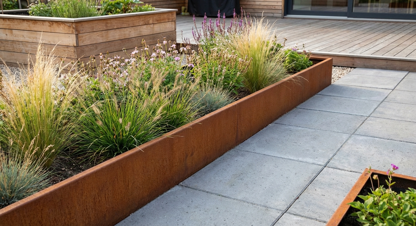 Contemporary house exterior with spacious lawn and pergola, set in a serene outdoor environment.