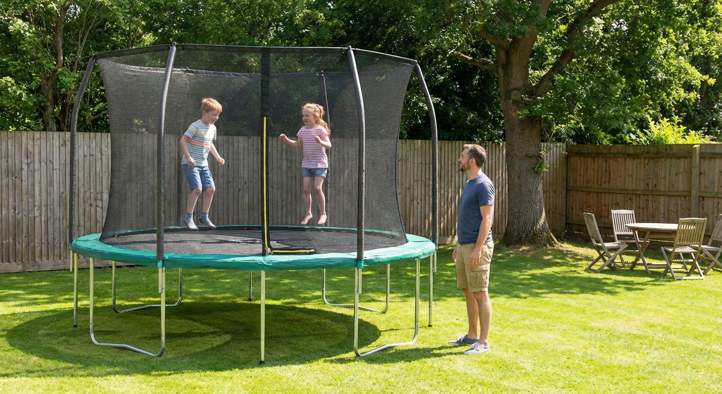 A man performing a midair jump on a trampoline outdoors with a clear sky and trees around.