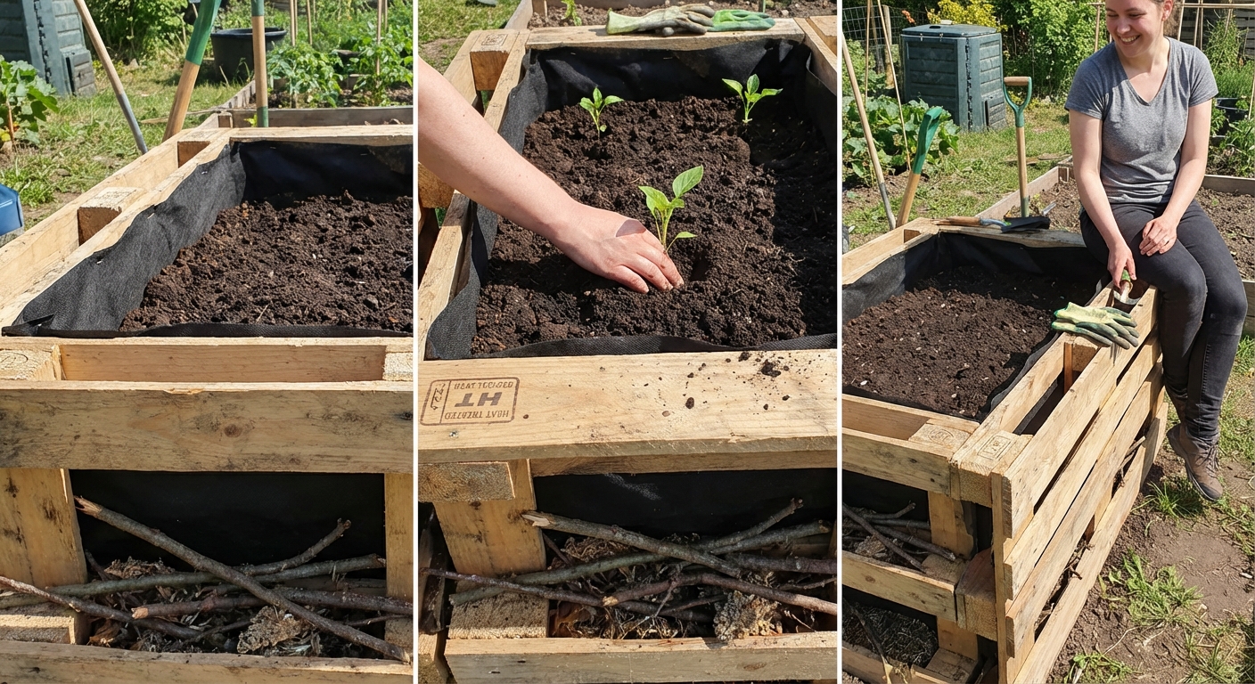 Close-up of gardening essentials with soil scoop, bag, and wooden box in garden setting.