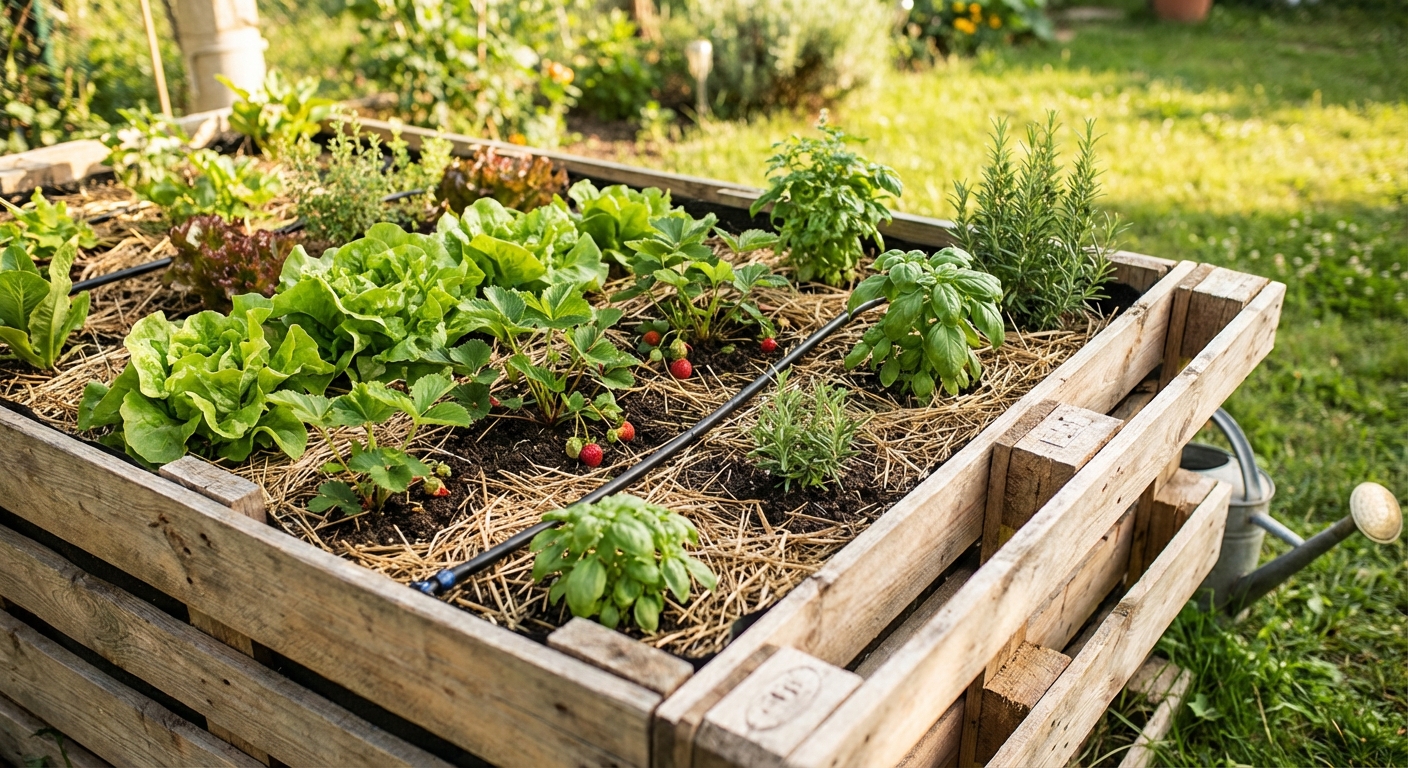 A thriving urban community garden with diverse plant life and wooden pathways under natural light.