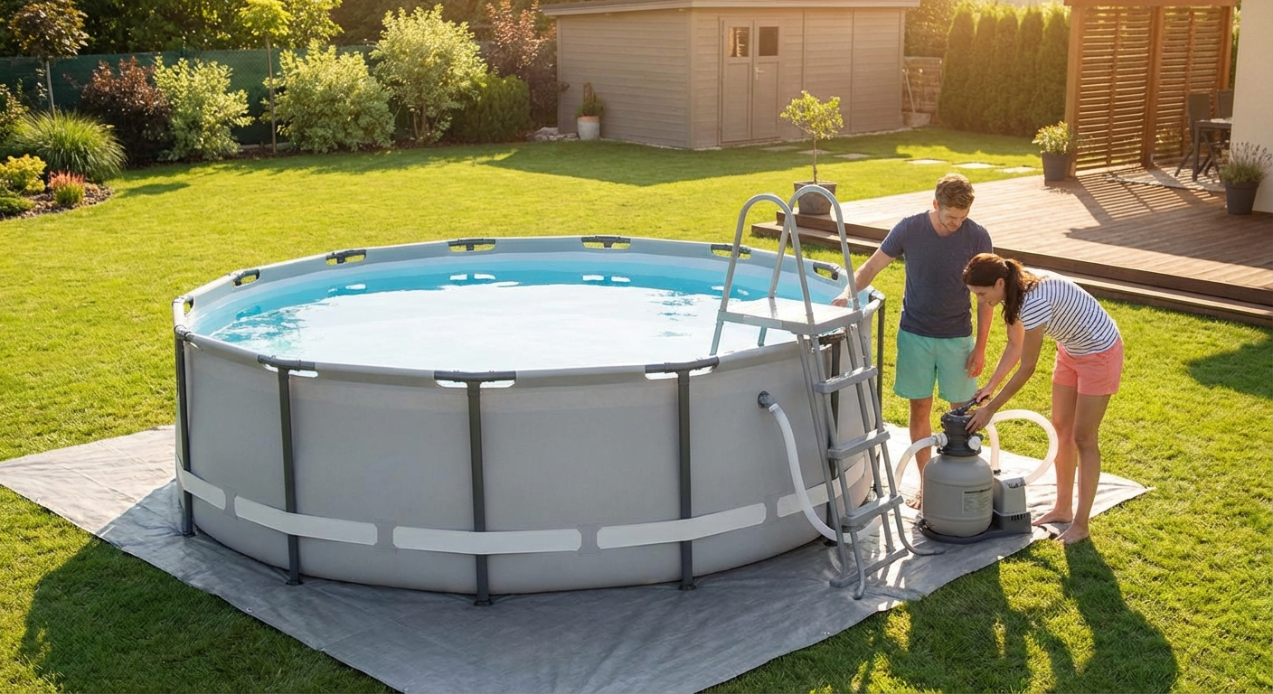 A tranquil image of a clean swimming pool set in a sunny backyard, perfect for relaxation.