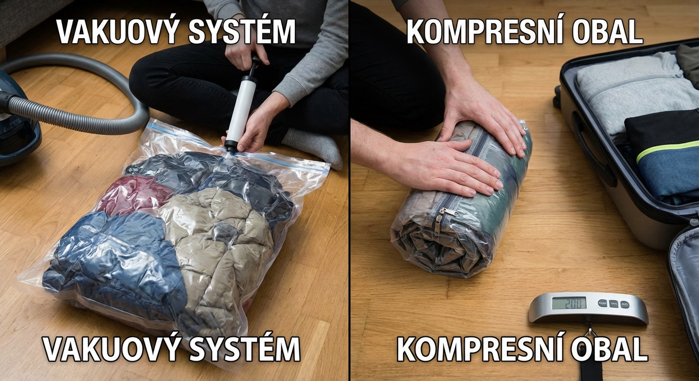 Woman sealing clothes in vacuum bags for efficient packing at home.