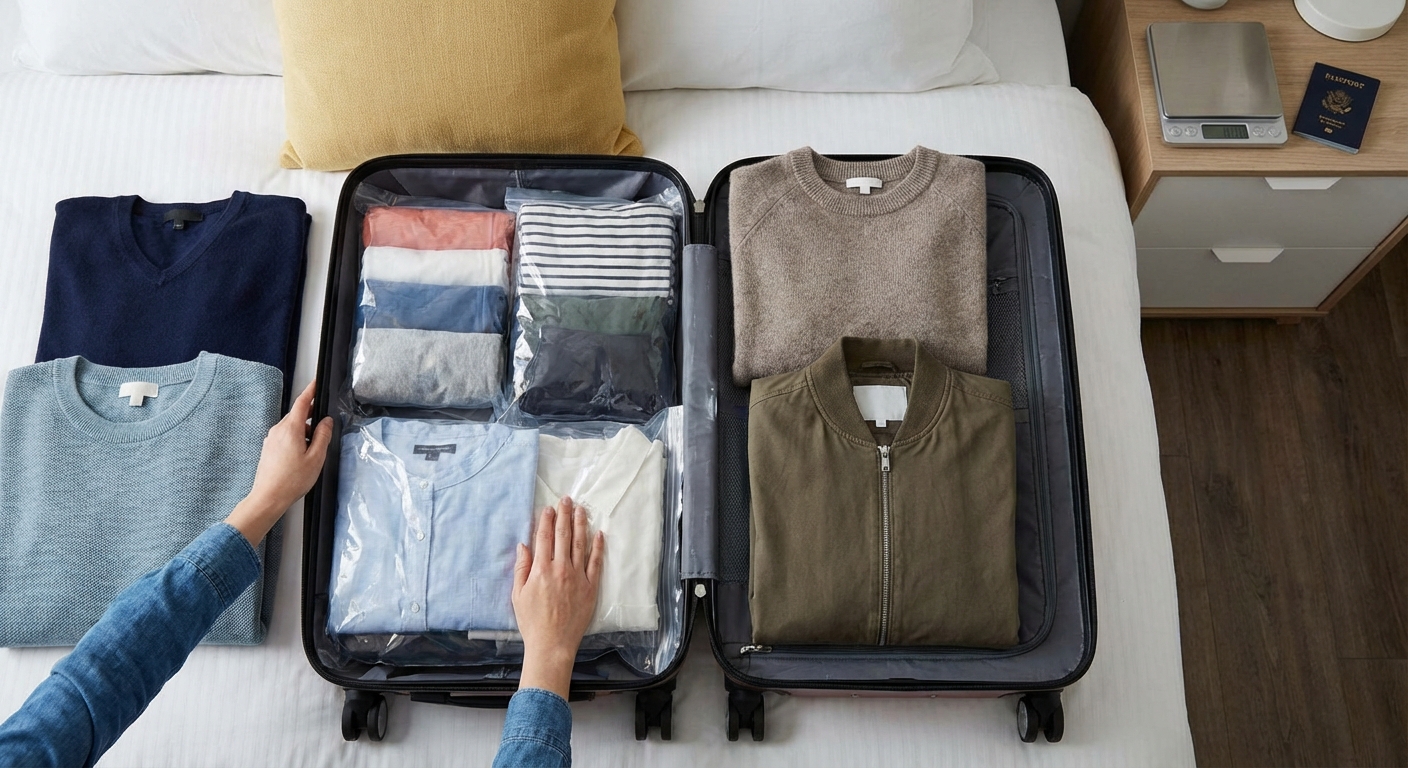 Close-up of a person packing various clothing items into a suitcase, ready for travel.