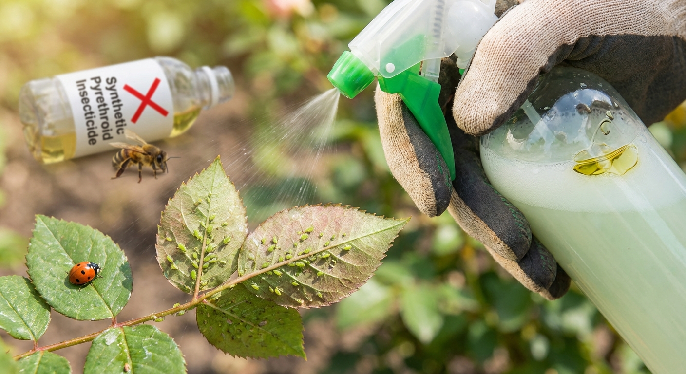 Elderly man gardening in orchard, inspecting crops with sprayer.