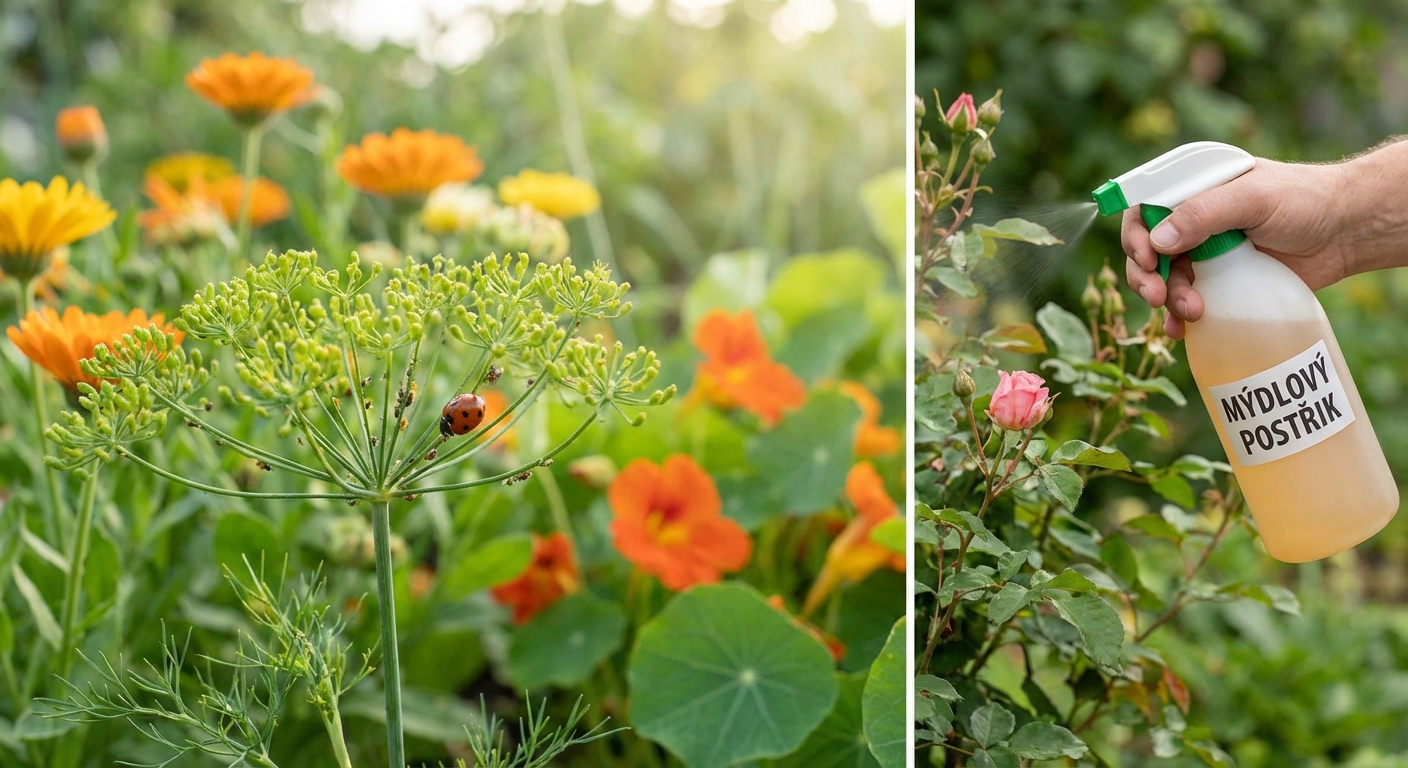 Close-up of a gardener using a manual sprayer on bushes outdoors, focusing on plant care.