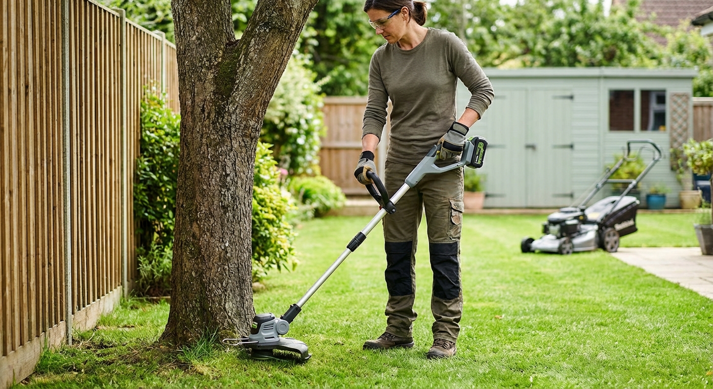 Experienced gardener in overalls uses a trimmer to maintain lush green hedge in daylight.