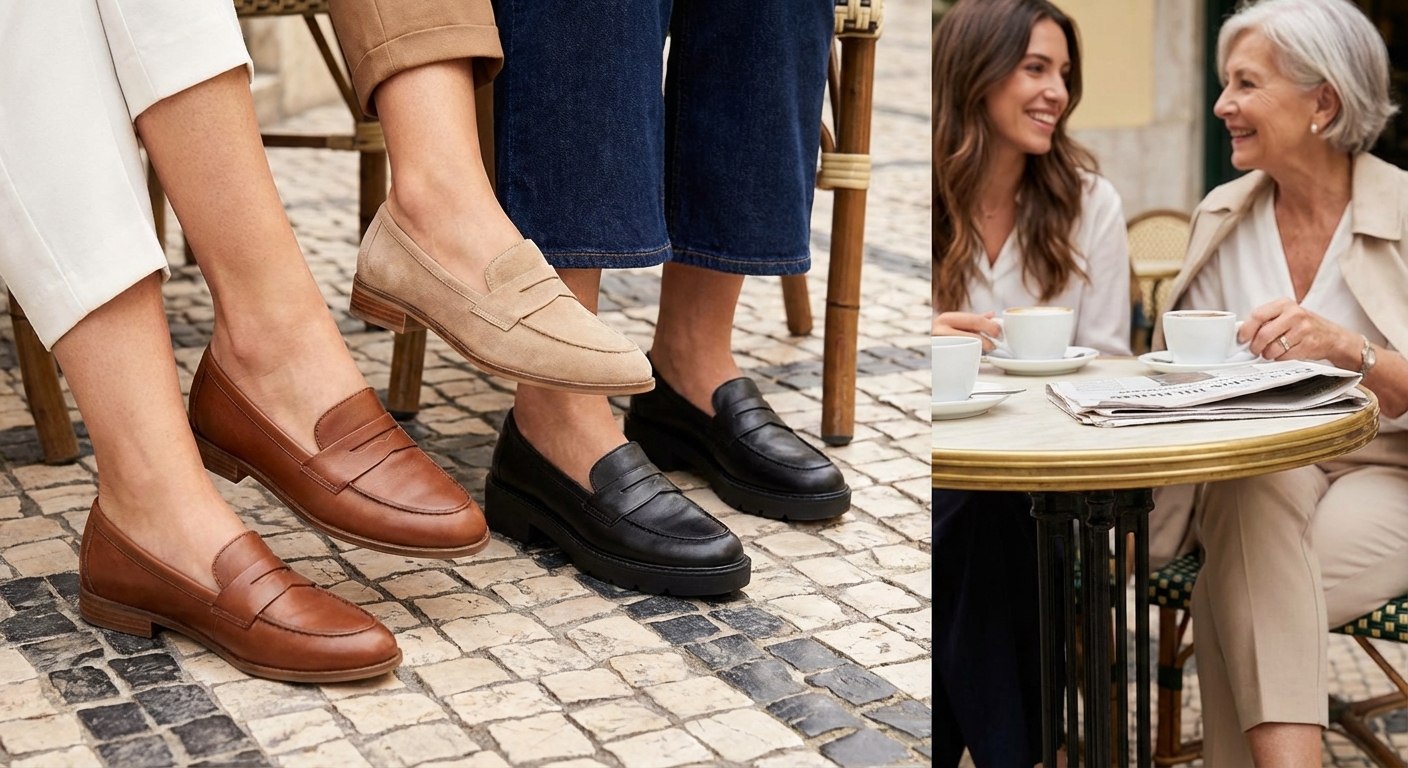 Three suede loafers showcased on stands, highlighting style and elegance.