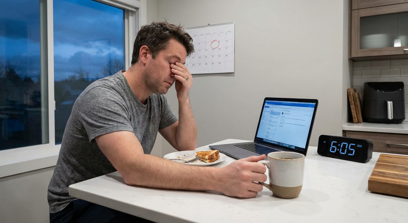 A surprised couple holding an alarm clock while sitting in bed, expressing shock.