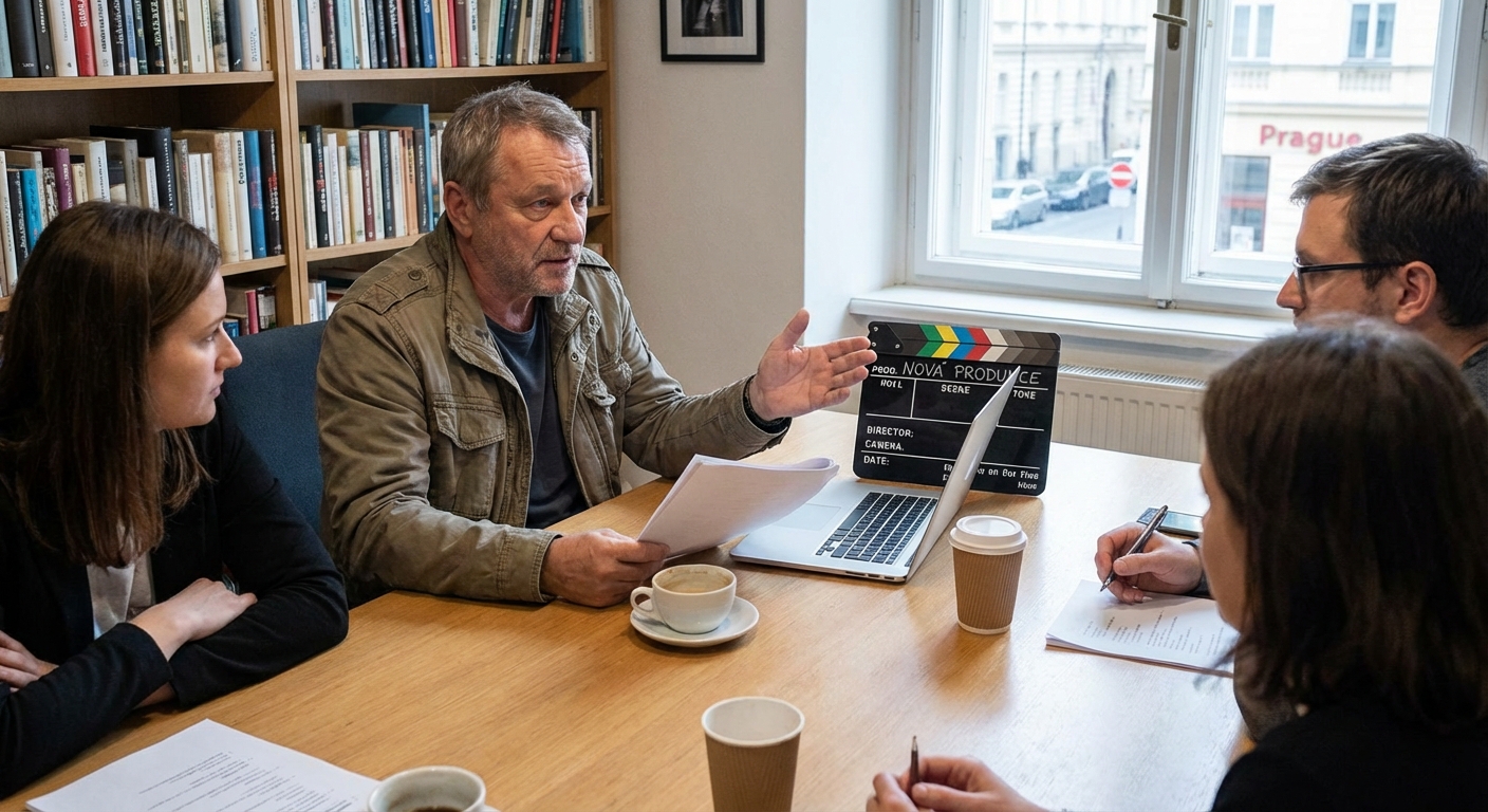 A group of adults collaborate on a filmmaking project, seen holding a clapperboard indoors.