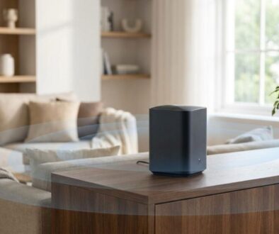 Black rectangular speaker on a wooden coffee table in a bright living room with beige seating and plants nearby, sunlit scene