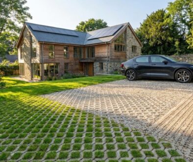 Modern stone-and-wood house with solar panels, green lawn, and a black car parked on a grass-filled paver driveway.