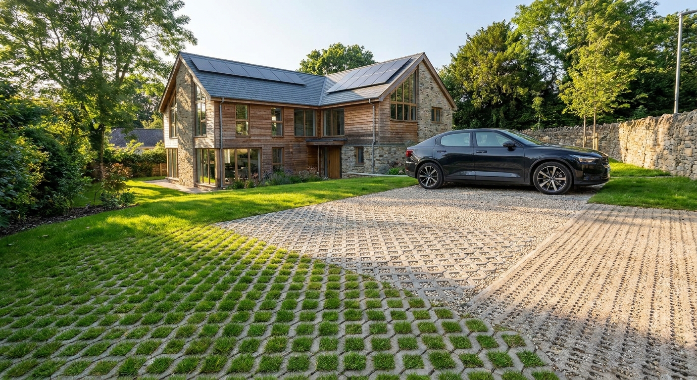 Modern stone-and-wood house with solar panels, green lawn, and a black car parked on a grass-filled paver driveway.