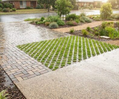 Wet, rain-slick driveway with brick pavers and a triangular grass-grid insert in a xeriscaped front yard.