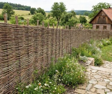 Woven wooden fence along a stone garden path with blooming flowers, leading to a rustic wooden house in the countryside.