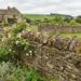 Stone dry-stone wall with flowering roses and herbs in a cottage garden; dirt path winding beyond into rolling countryside.