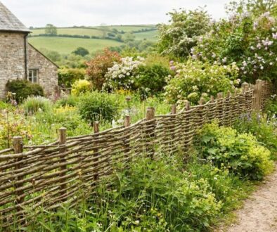 Stone cottage beside a rustic woven fence, with a flower-filled garden and a dirt path winding through the countryside.