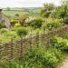 Stone cottage beside a rustic woven fence, with a flower-filled garden and a dirt path winding through the countryside.