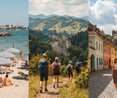 Triptych: crowded sunny beach with striped umbrellas, a mid-day scene of sunbathers and swimmers, a mountain hike toward a medieval castle; a pastel-colored historic town street with a couple walking hand in hand.